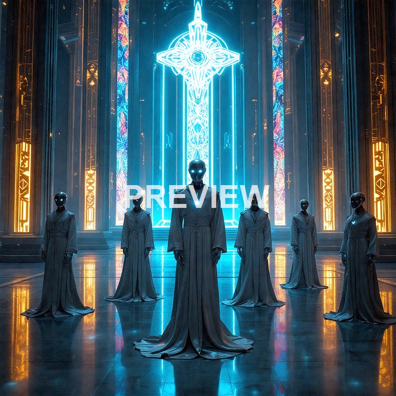 The image depicts six humanoid figures with glowing eyes and chest lights, dressed in robes, standing in a grand, illuminated hall with stained glass windows and a large glowing cross-like symbol overhead.